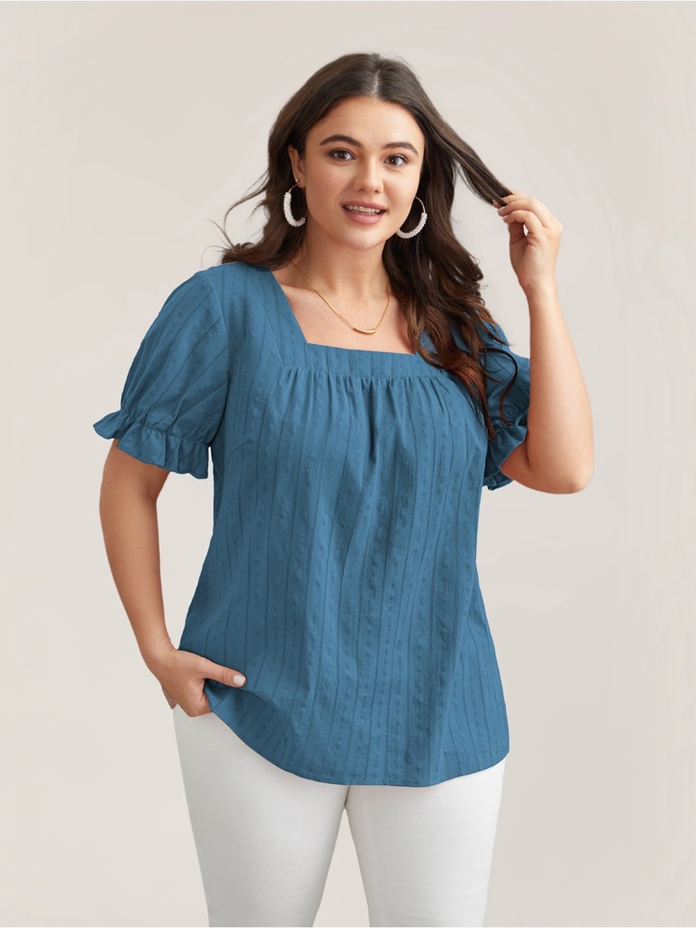 BloomChic 2X 18-20 Aegean Blue Cotton Square Neck Ruffle Sleeve Blouse Plus